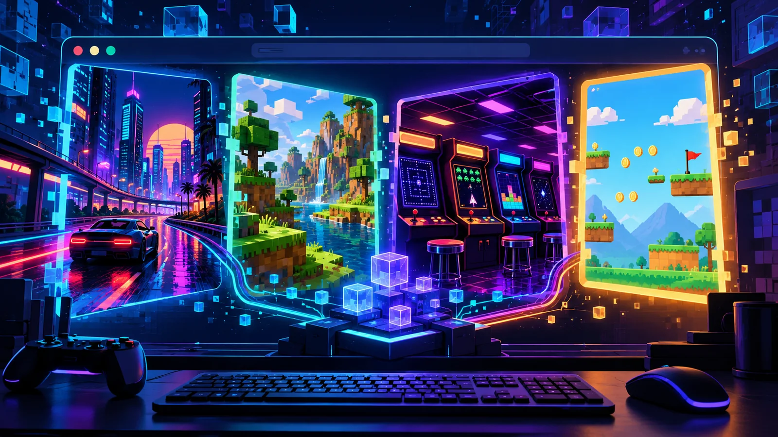 Original illustration of WebAssembly games running in a desktop browser